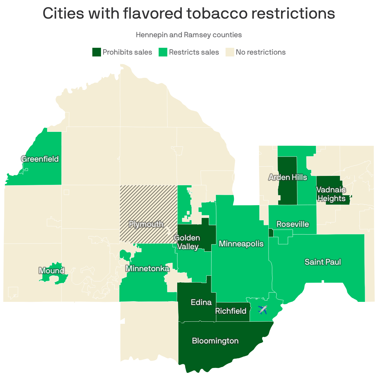 A chloropleth map of the cities in Hennepin and Ramsey counties showing cities that either prohibit or restrict sales of flavored tobacco products. The cities prohibiting sales appear in dark green: Bloomington, Richfield, Edina, Golden Valley, Lauderdale, Arden Hills and Vadnais Heights. Another 12 cities with lesser restrictions, including Minneapolis and St. Paul, appear in light green.