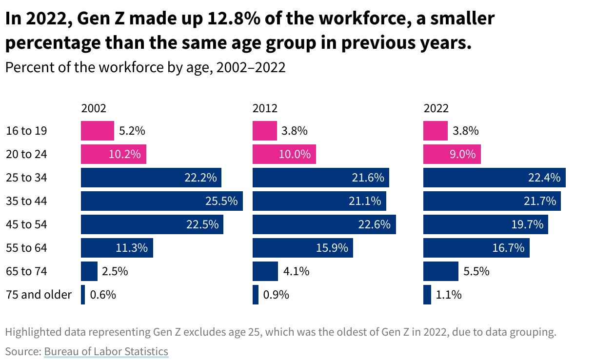 Sideways bar chart showing the percent of the workforce by age, from 2002 to 2022.