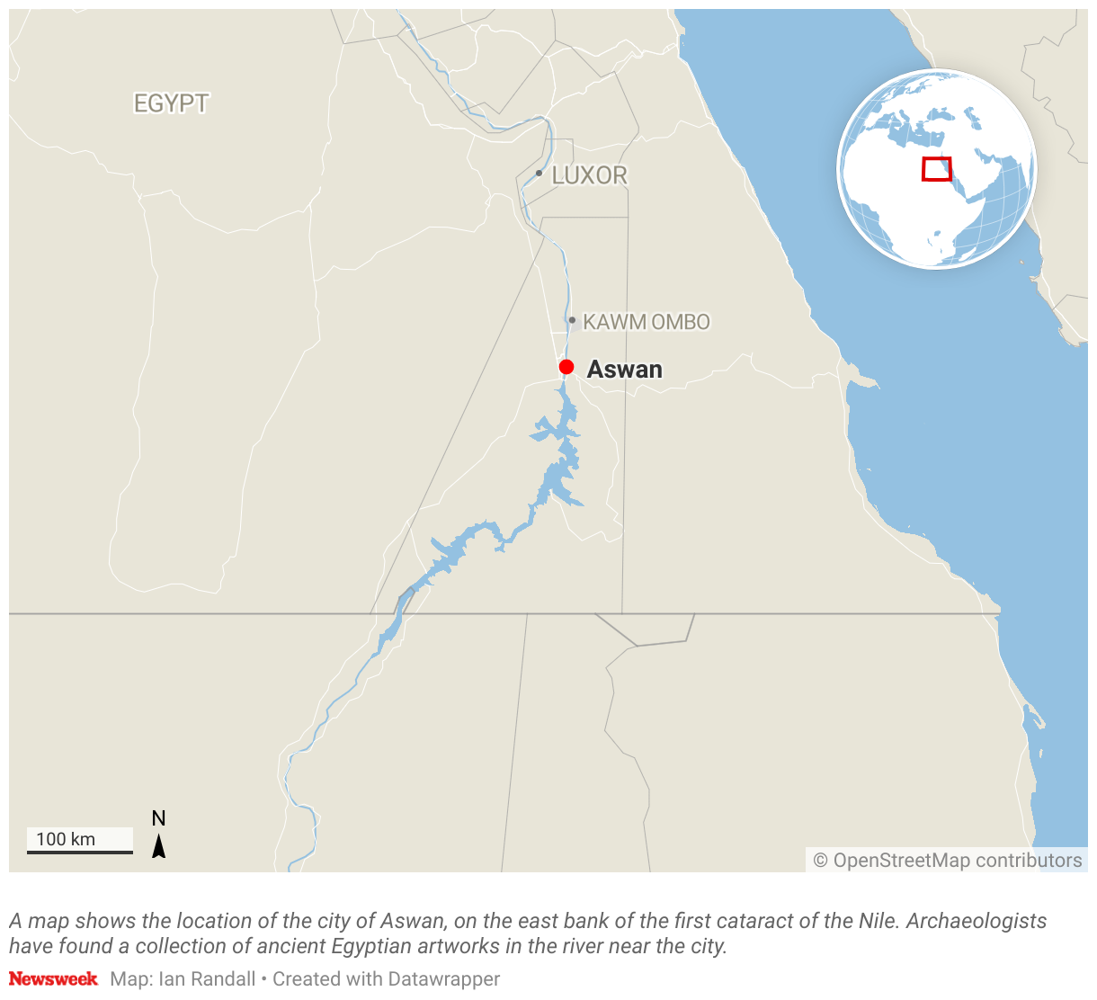 A map shows the location of the city of Aswan, on the east bank of the first cataract of the Nile.