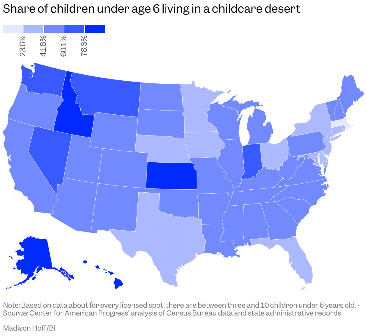 Map of the US showing how many children live in a childcare desert by state, and Washington, DC