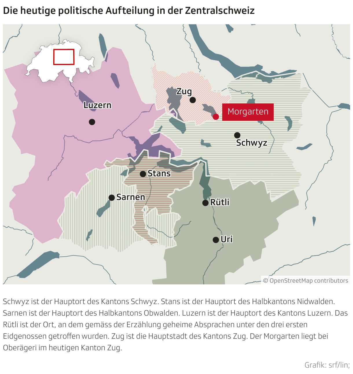 Die heutige politische Aufteilung in der Zentralschweiz (Locator-Karte)