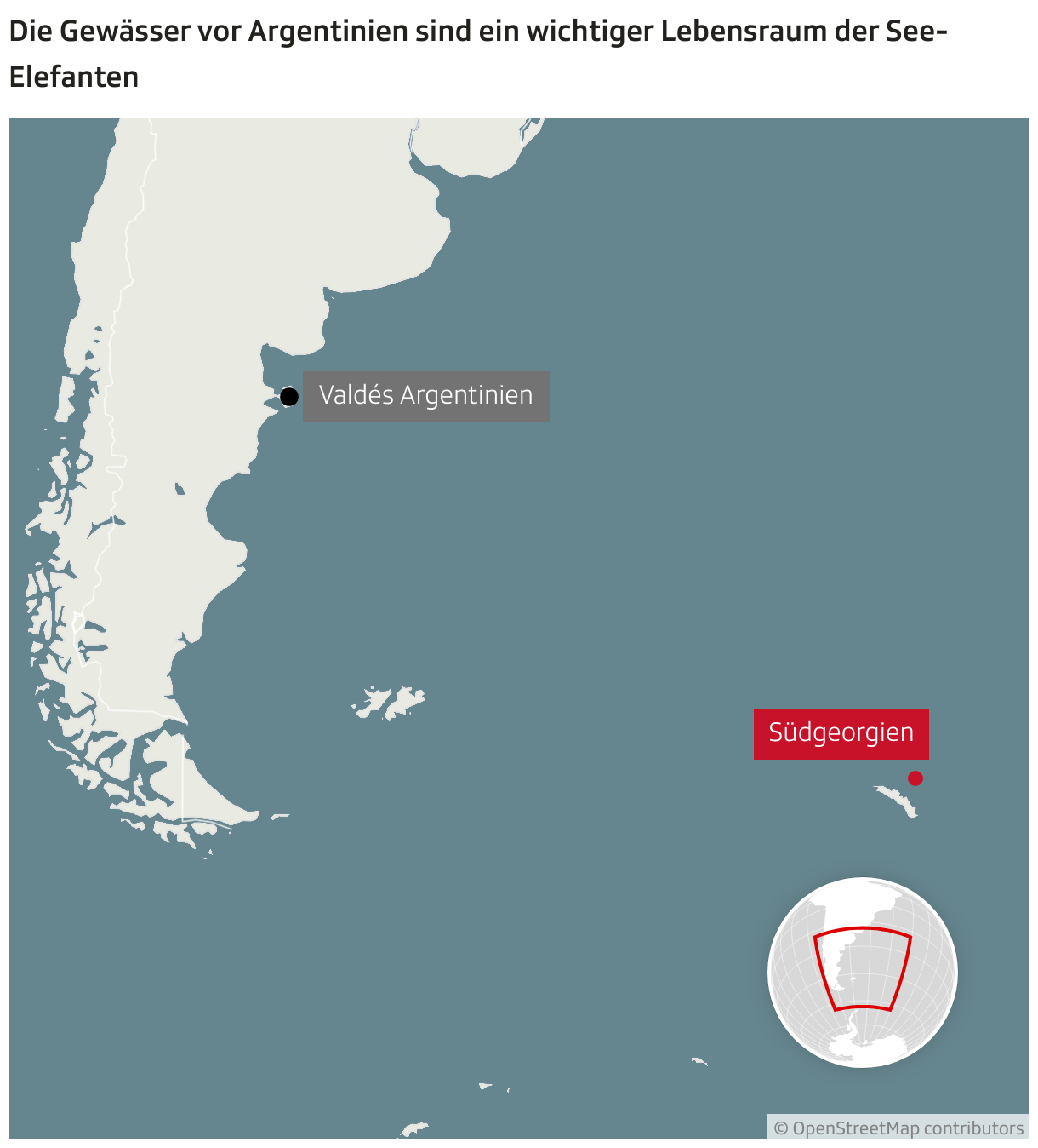 Die Gewässer vor Argentinien sind ein wichtiger Lebensraum der See-Elefanten (Locator-Karte)