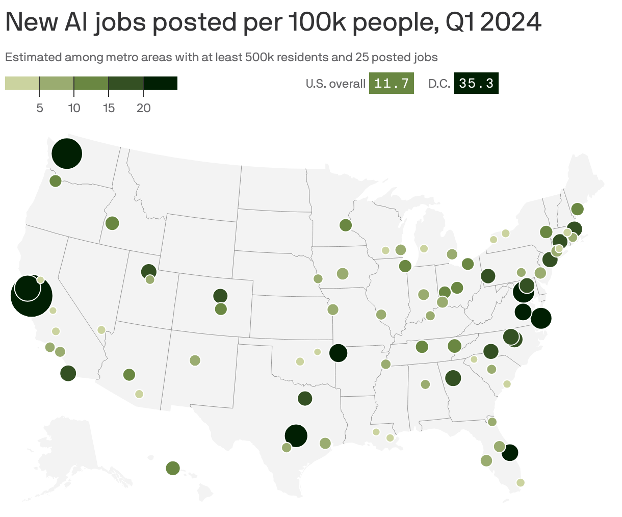 New AI jobs posted per 100k people, Q1 2024
