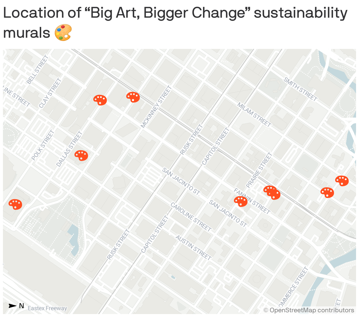 Location of “Big Art, Bigger Change” sustainability murals  🎨
