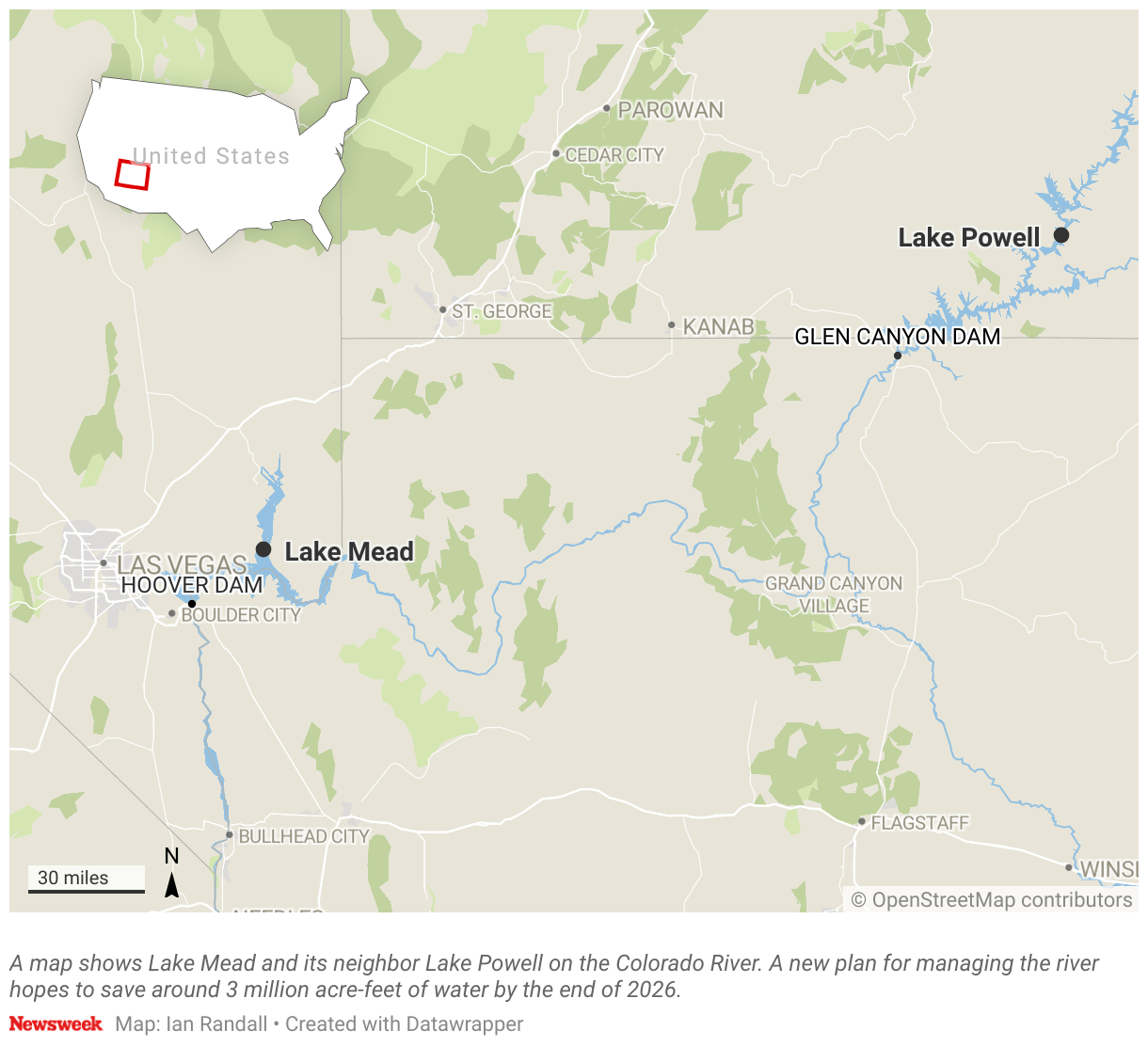 A map shows Lake Mead and its neighbor Lake Powell on the Colorado River.