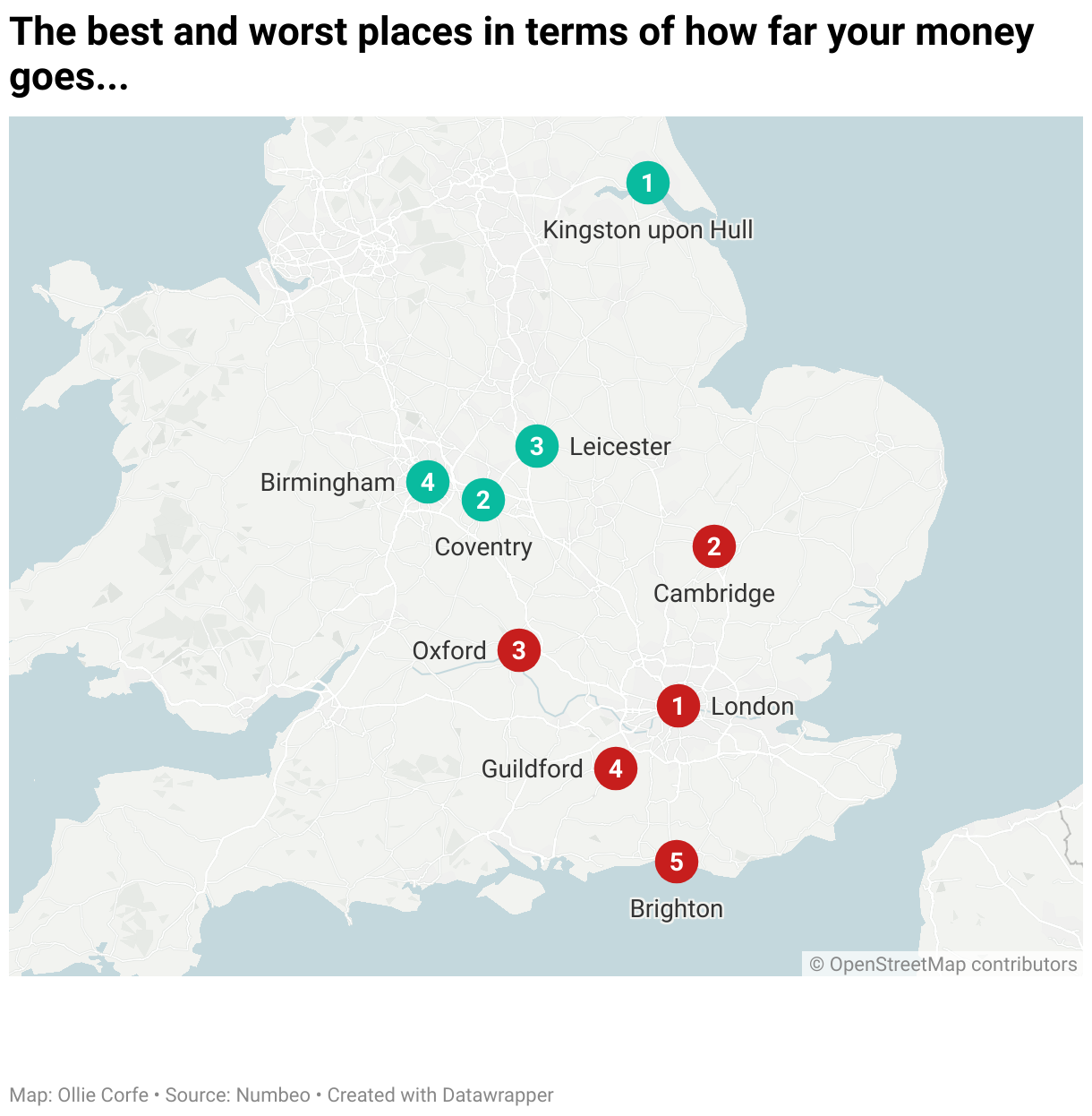Map of most and least expensive cities in the UK.