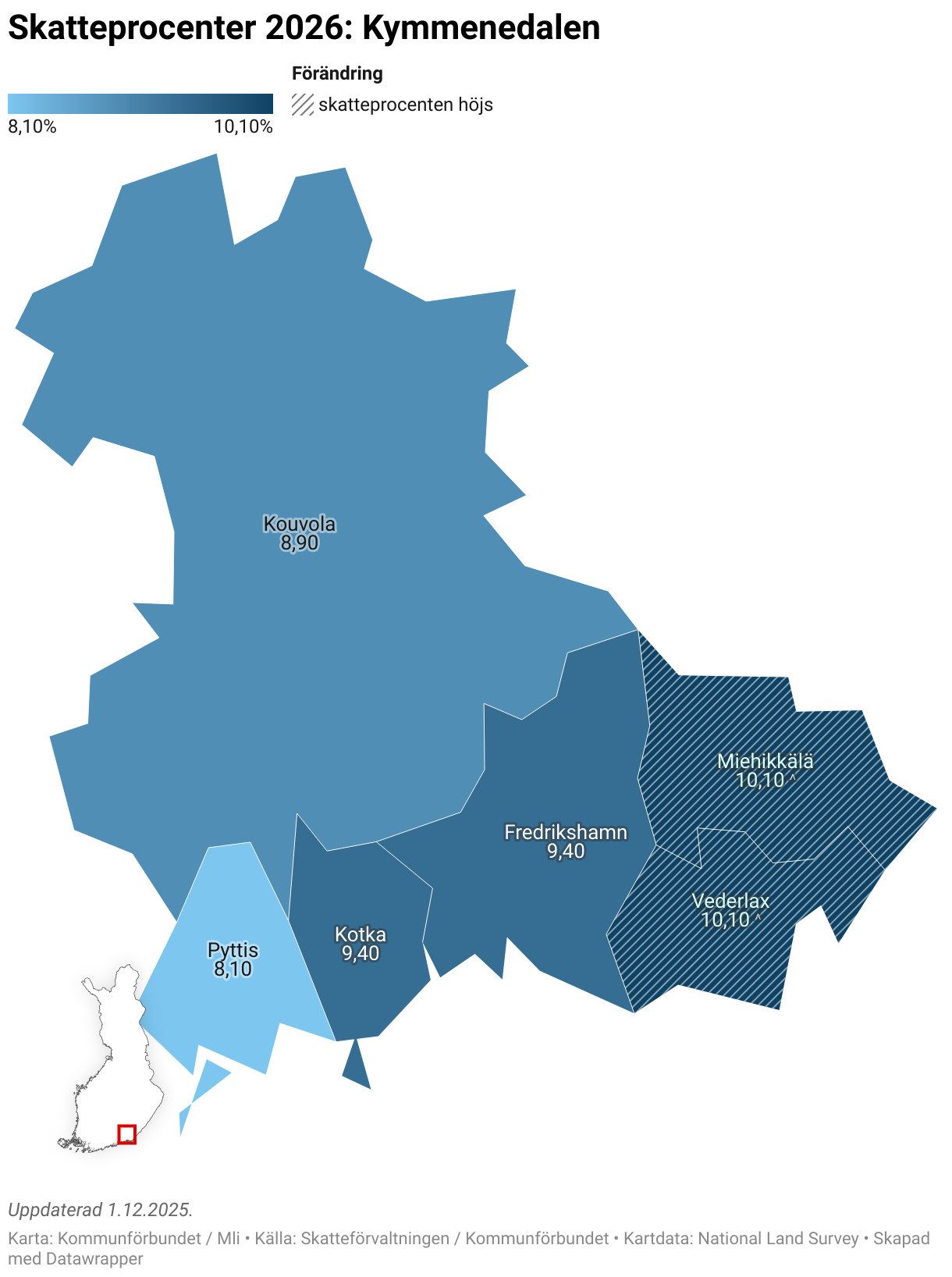 Skatteprocenter 2026: Kymmenedalen (Choropleth map)