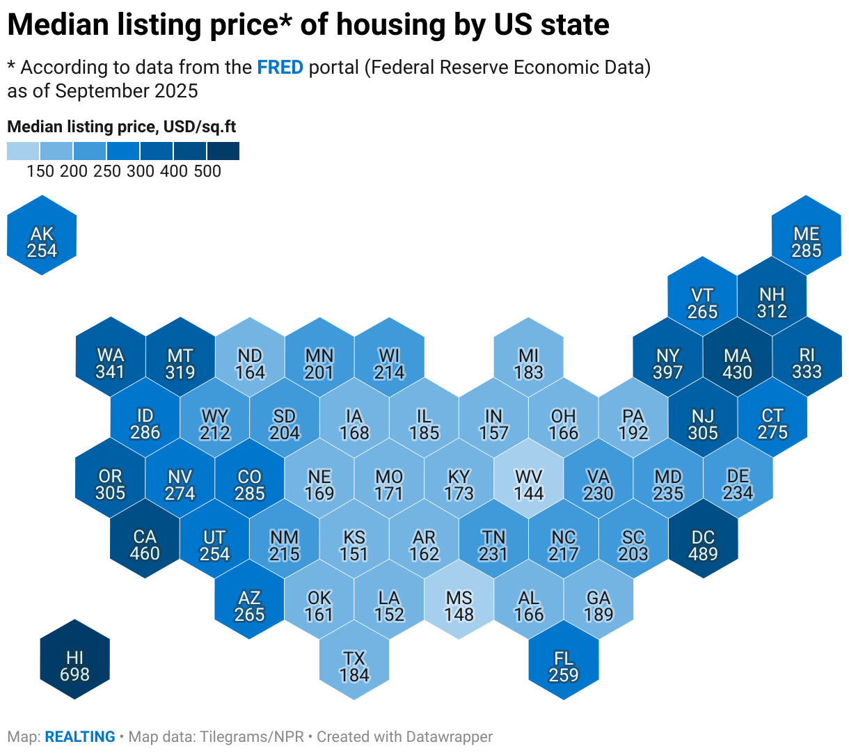 Median listing price* of housing by US state (Choropleth map)