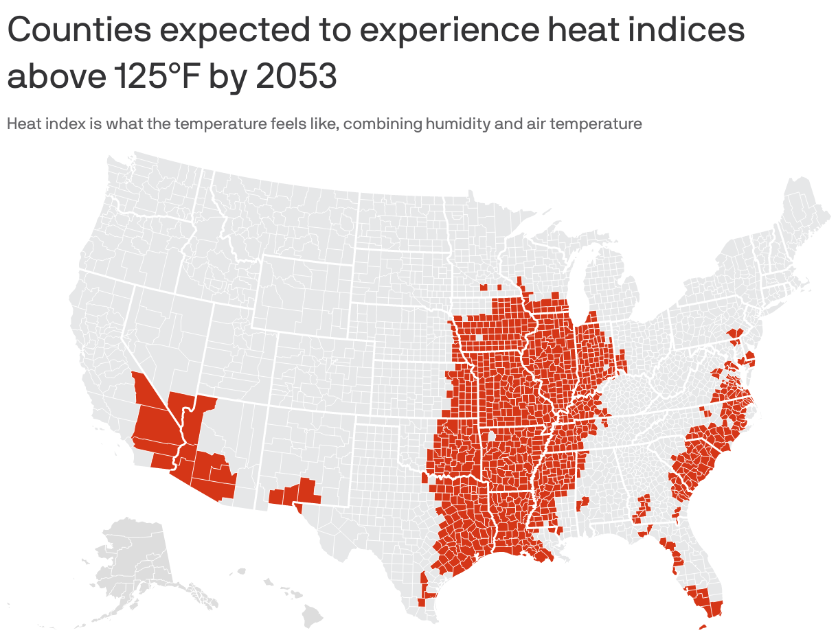 Counties expected to experience heat indices above 125°F by 2053