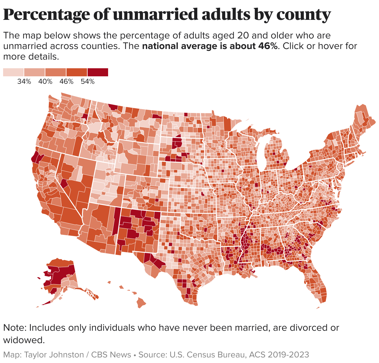 U.S. map showing the percentage of unmarried adults by county.