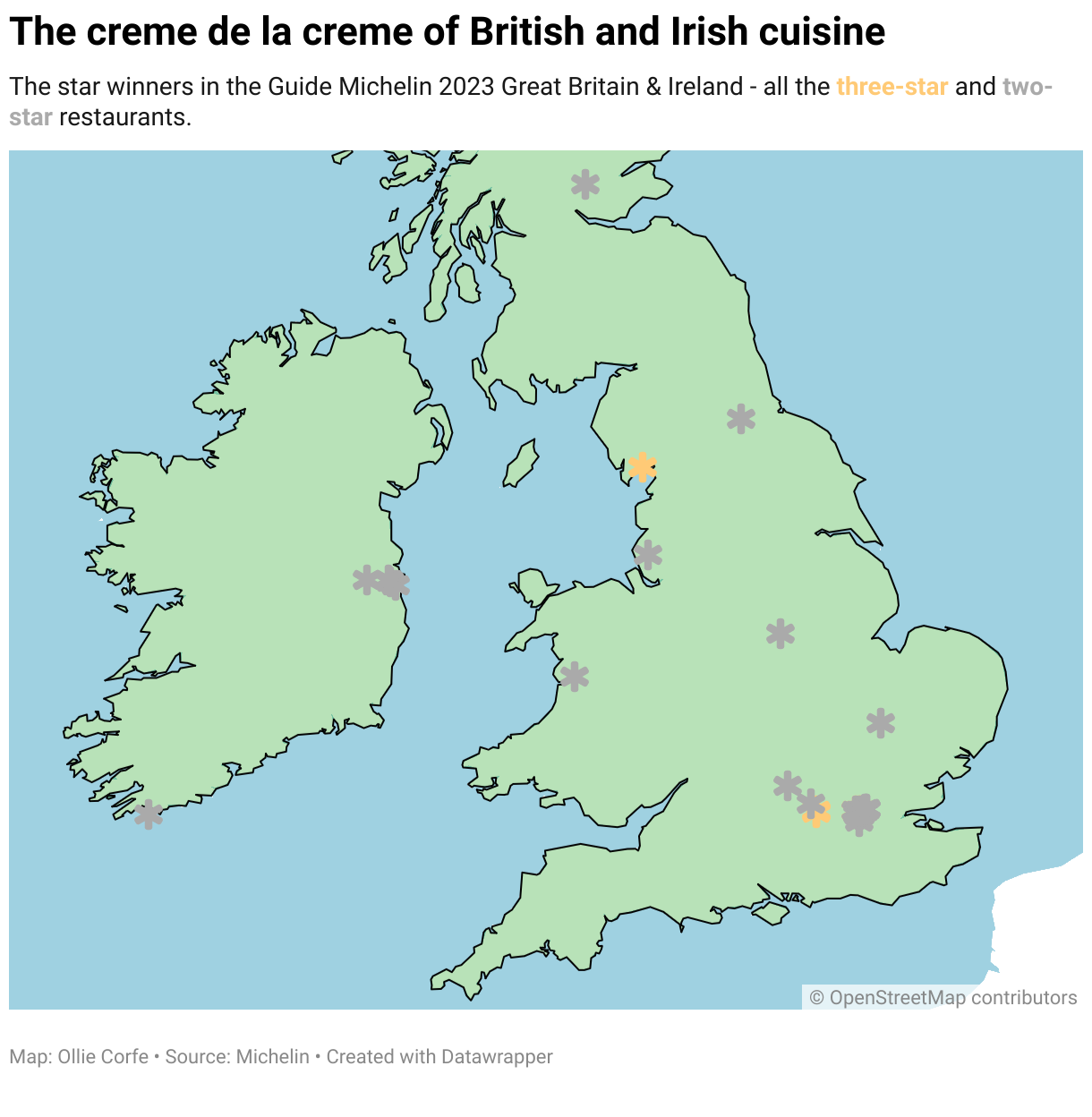Map of Michelin-starred restaurants in the British Isles.