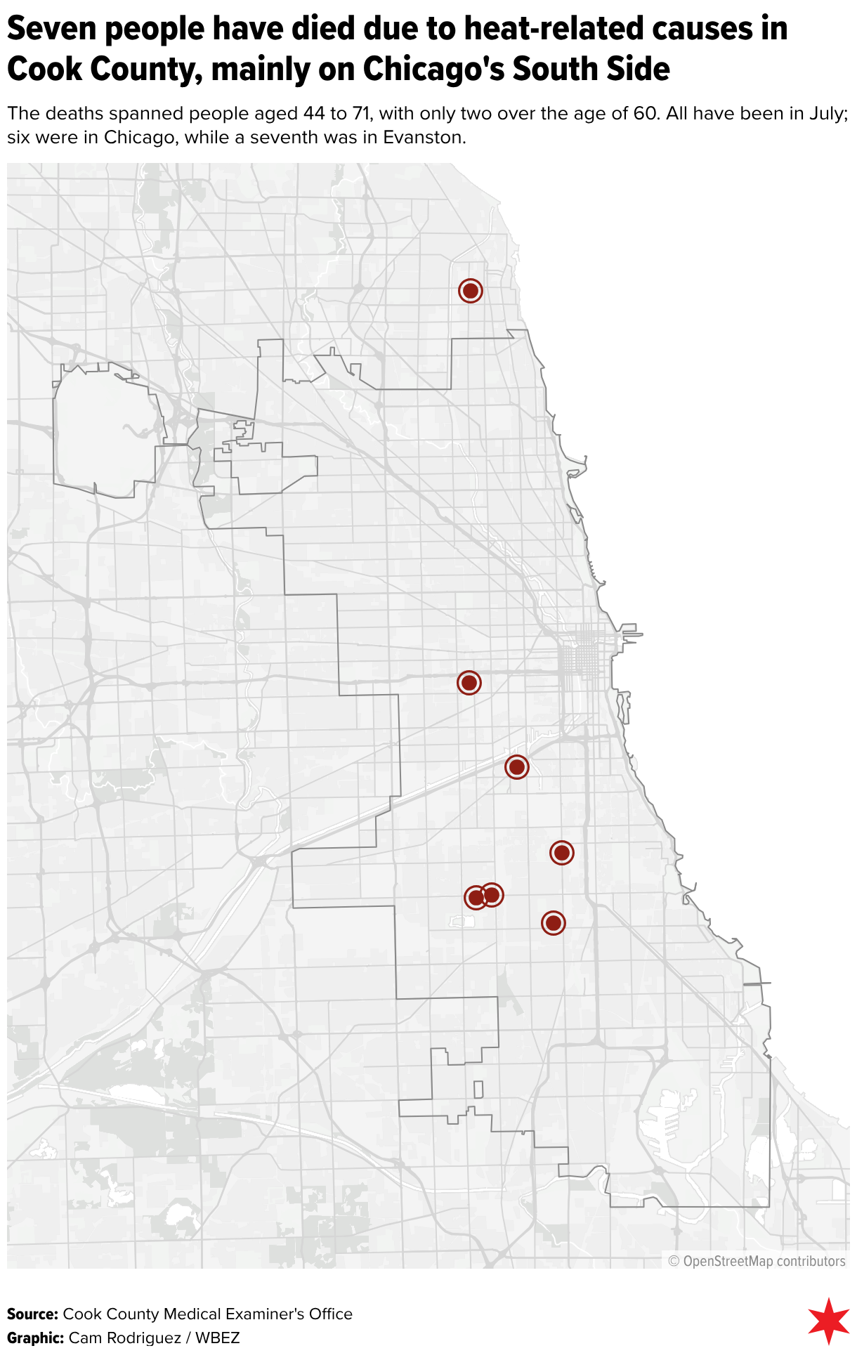 Seven people have died due to heat-related causes in Cook County, mainly on Chicago's South Side (Locator map)