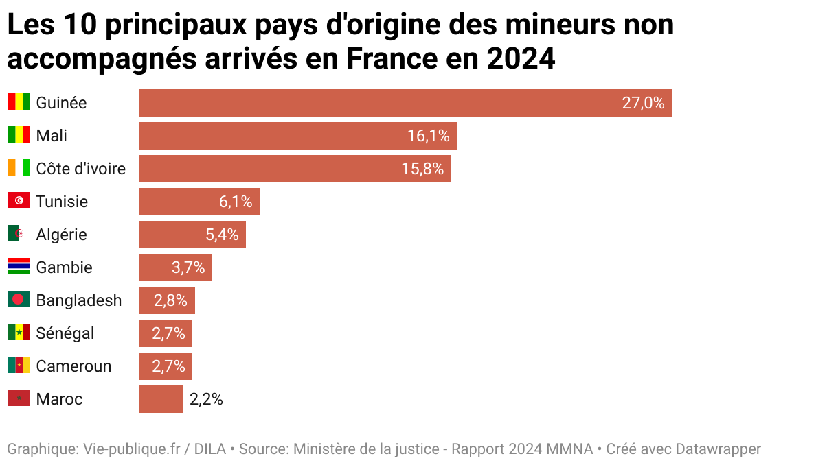 Les 10 principaux pays d'origine des mineurs non accompagnés arrivés en France en 2024 (Diagramme en barres)