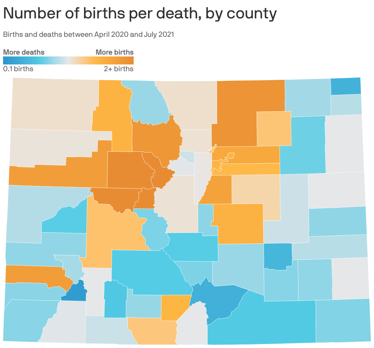 Number of births per death, by county