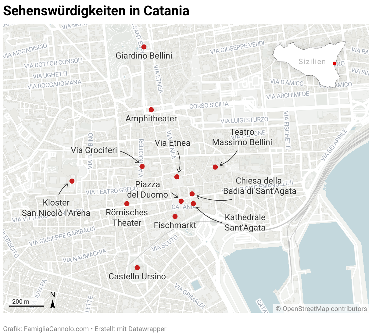 Karte der wichtigsten Sehenswürdigkeiten von Catania