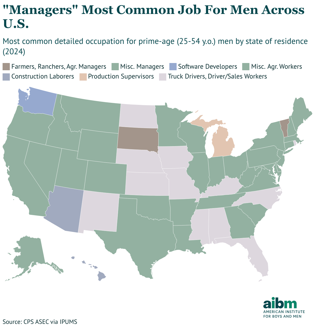 "Managers" most common job for men across U.S. (Choropleth map)