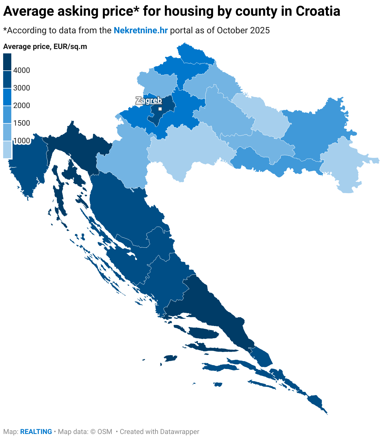 Average asking price* for housing by county in Croatia (Choropleth map)