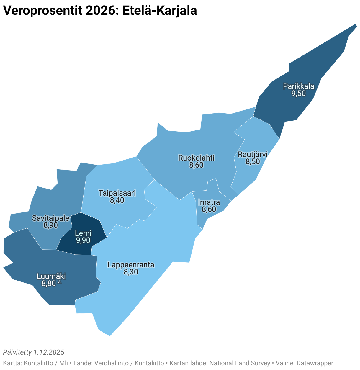 Veroprosentit 2026: Etelä-Karjala (Choropleth map)