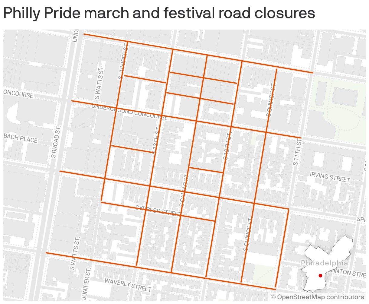 A map of the road closures in central Philadelphia for the Pride march and festival.