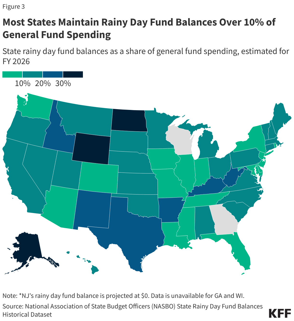 Most States Maintain Rainy Day Fund Balances Over 10% of General Fund Spending (Choropleth map)