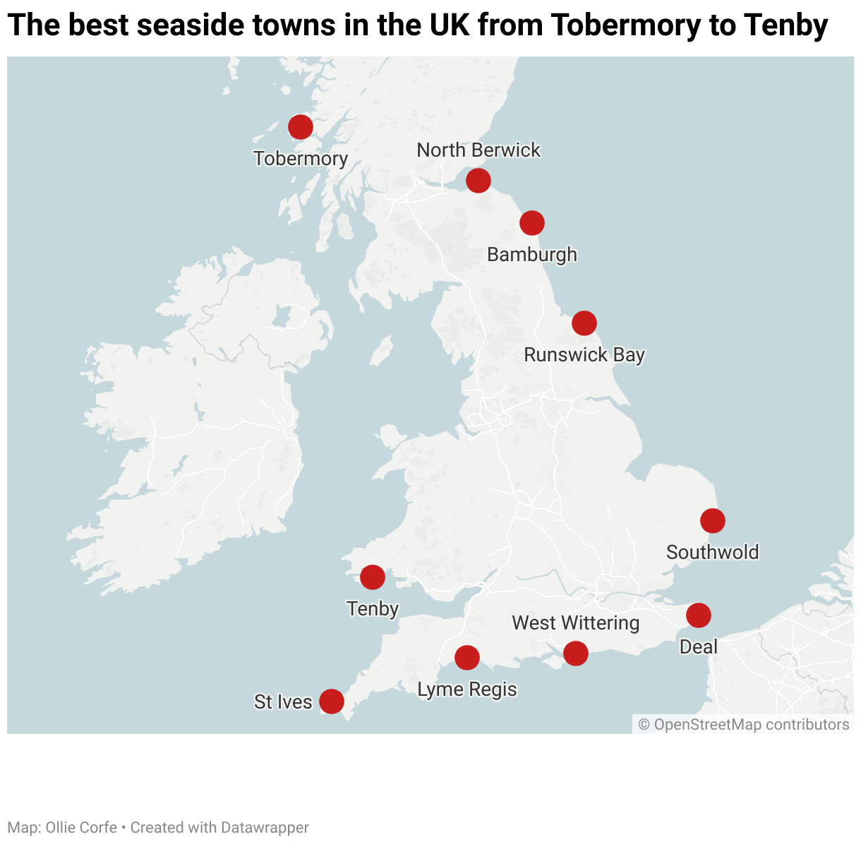 Map of best seaside towns in the UK.