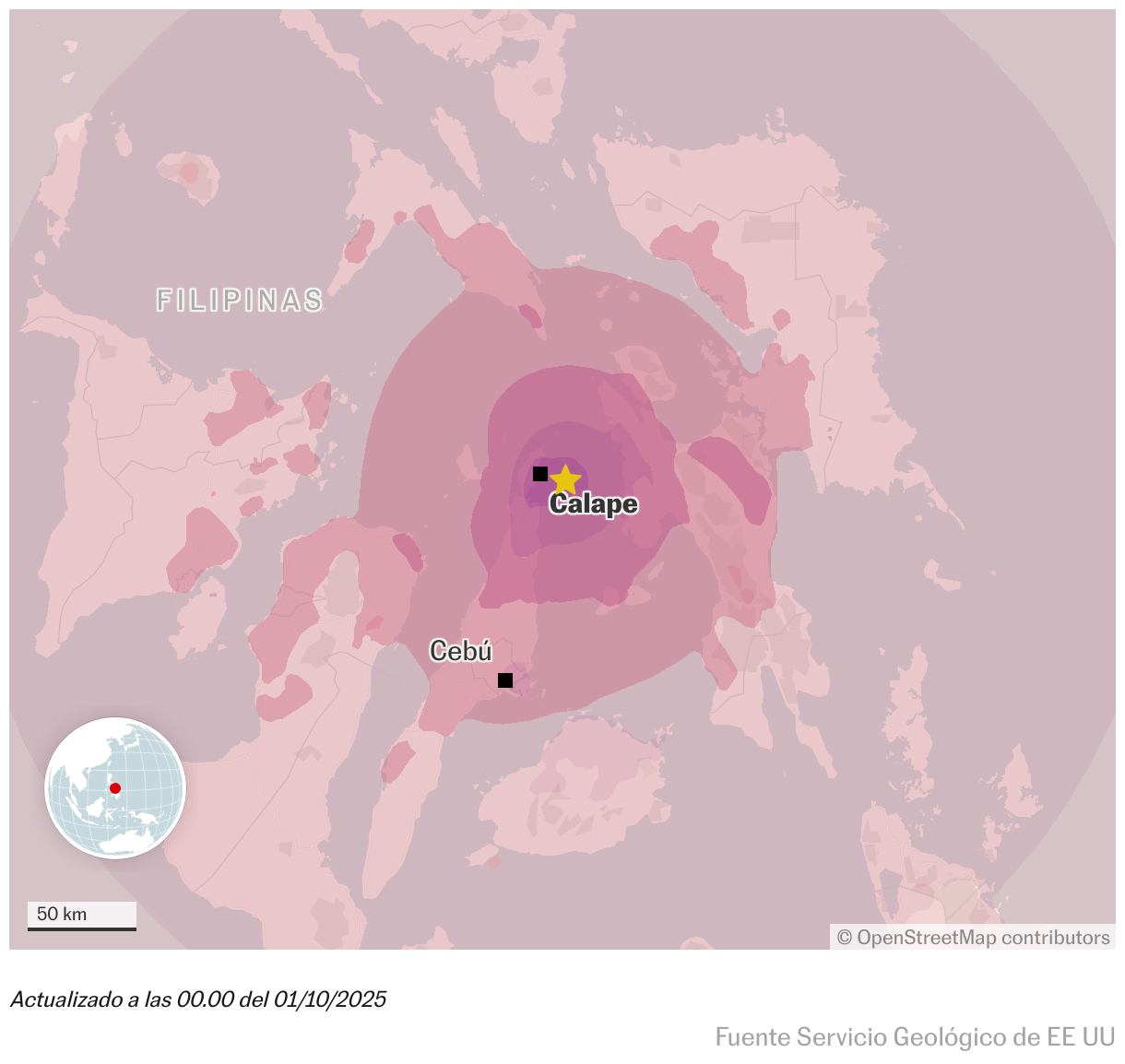 Un fuerte terremoto de magnitud 6.9 ha sacudido la región situada a 11 kilómetros al este-sureste de Calape, Filipinas. El evento sísmico, reportado en la actualización de las 00:00 del 1 de octubre de 2025, ha generado alertas en poblaciones cercanas, incluida Cebu City. Las autoridades están evaluando los daños y posibles réplicas.