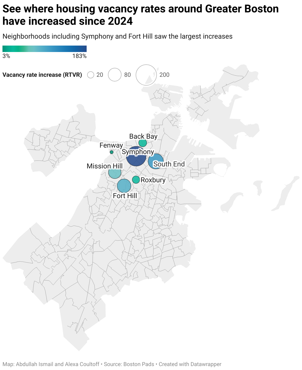 See where housing vacancy rates around Greater Boston have increased since 2024 (Symbol map)