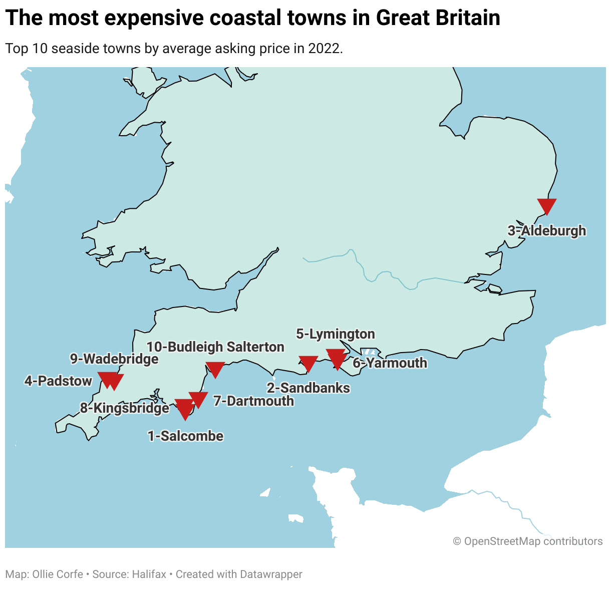 Great Britain map of coastal properties.