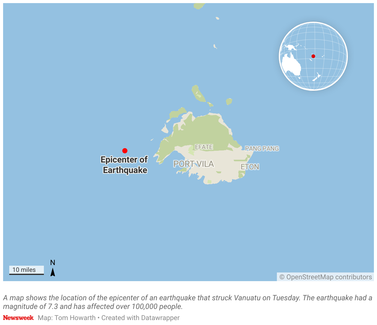 El mapa muestra la ubicación del epicentro del terremoto del martes en Vanuatu. 