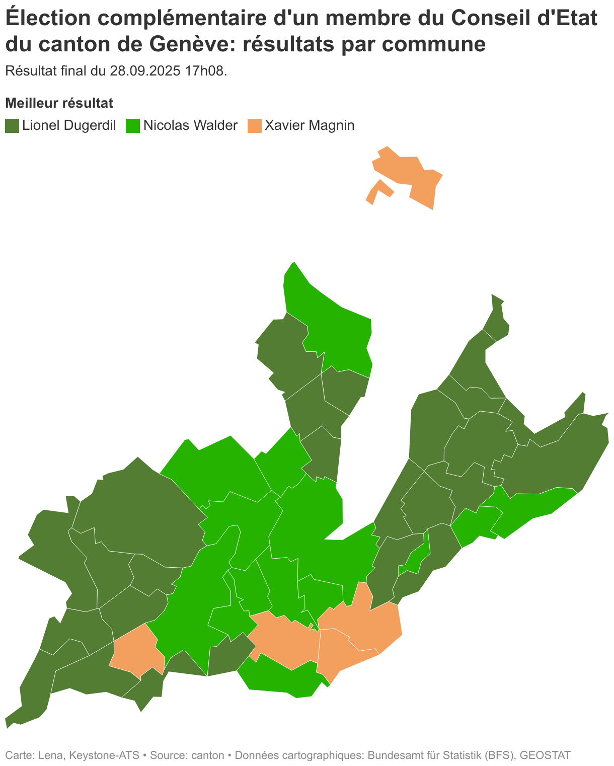 Élection complémentaire d'un membre du Conseil d'Etat du canton de Genève: résultats par commune (Carte choroplèthe)