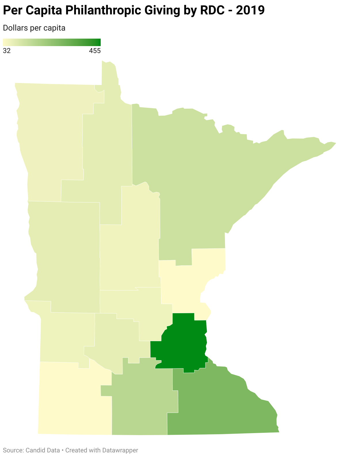 Map of Minnesota showing per capita giving in 13 regions across the state