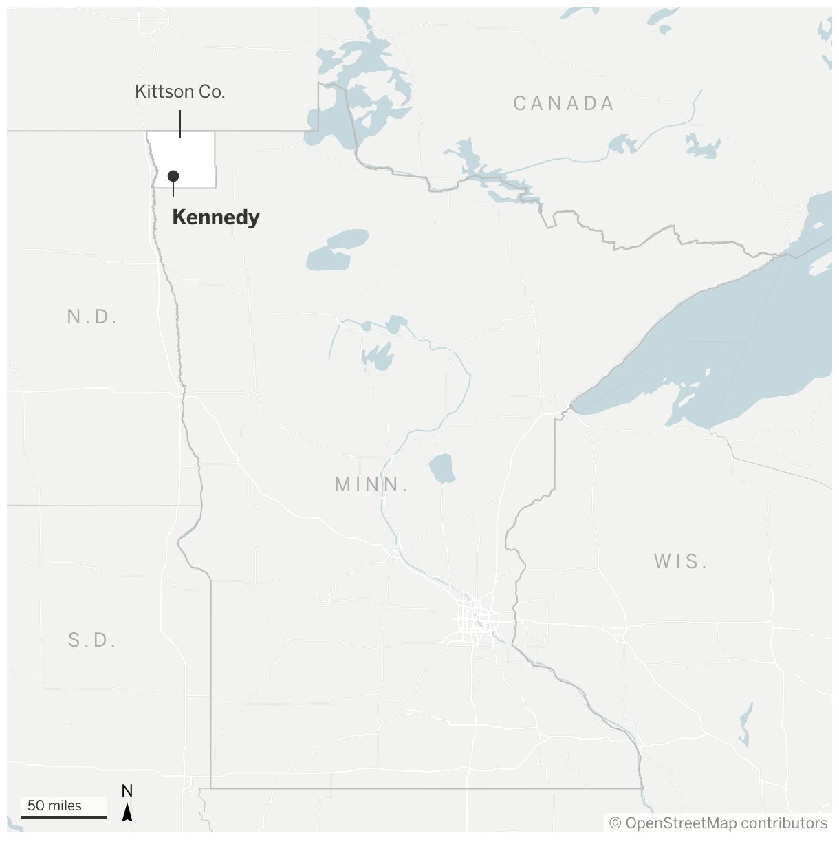 Map of Minnesota highlighting Kittson County and the town of Kennedy in the north-westernmost corner of the state.