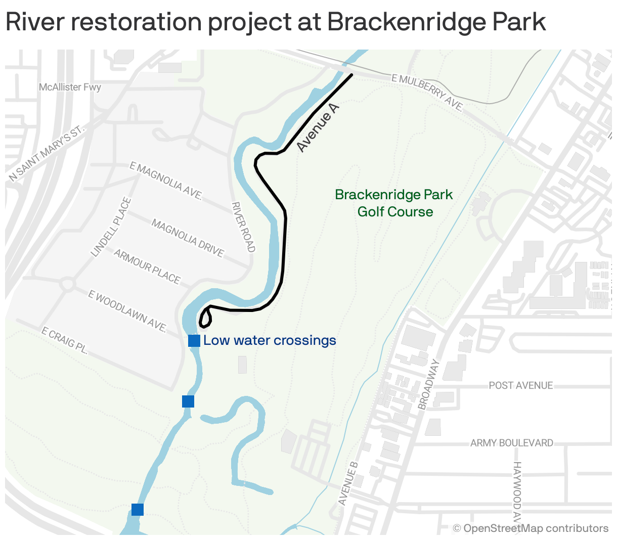 Map showing the river restoration project at Brackenridge Park with the locations of three planned low water crossings, the golf course and the site of a new trail along Avenue A.