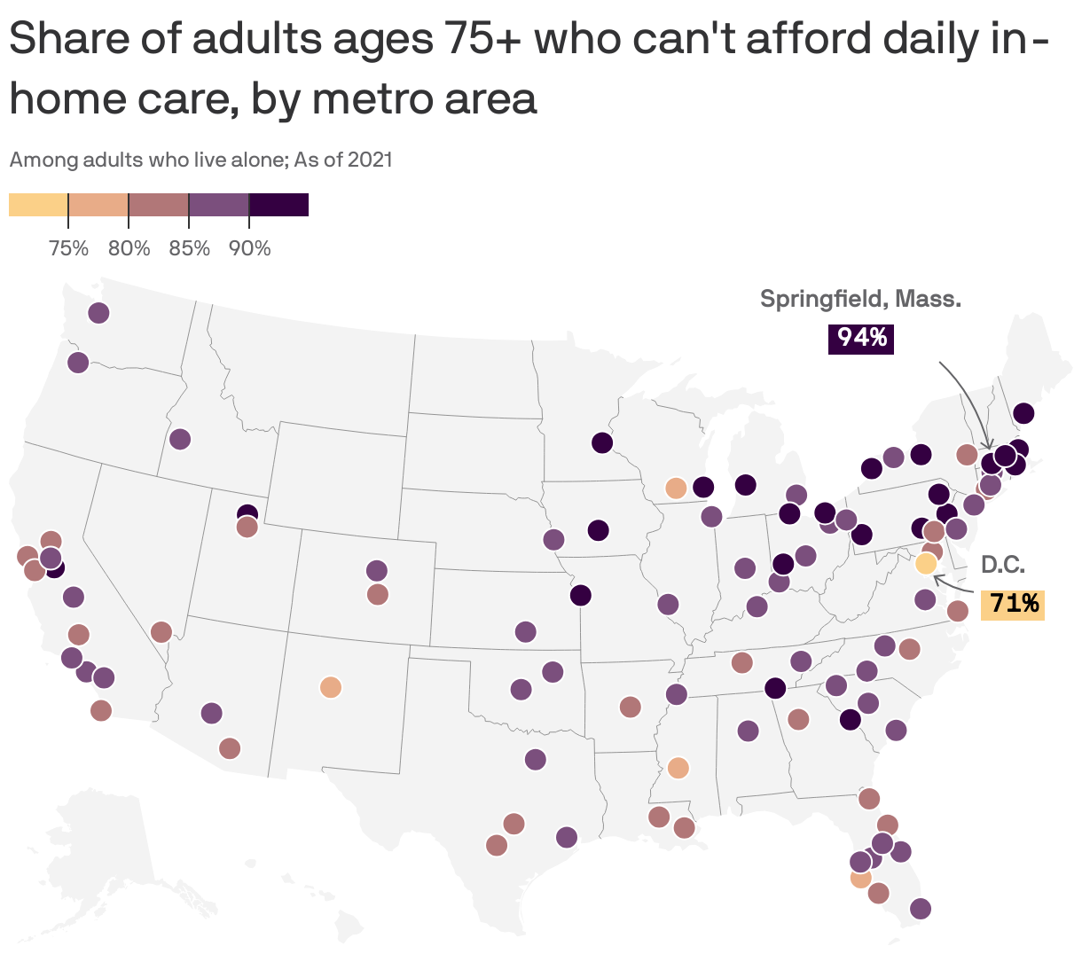 Share of adults ages 75+ who can't afford daily in-home care, by metro area