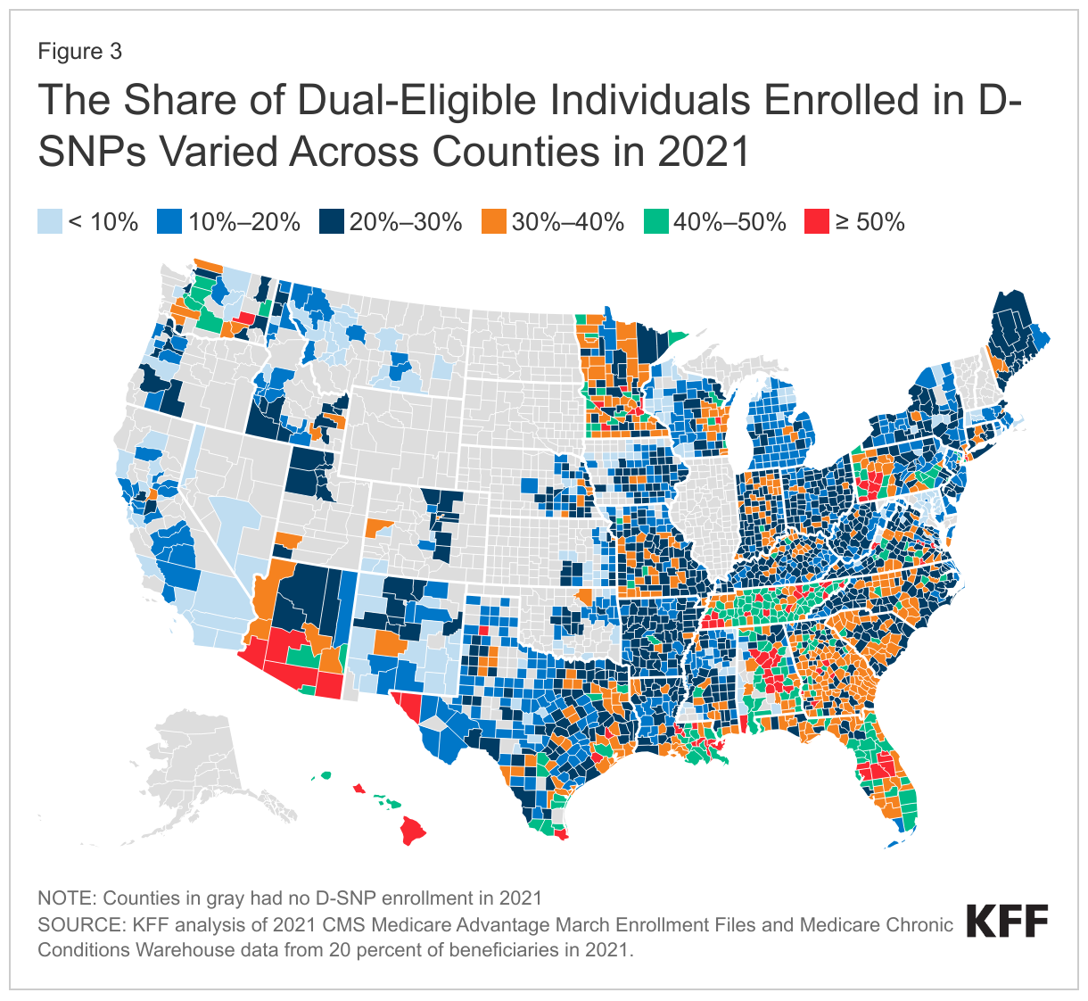 The Share of Dual-Eligible Individuals Enrolled in D-SNPs Varied Across Counties in 2021 data chart