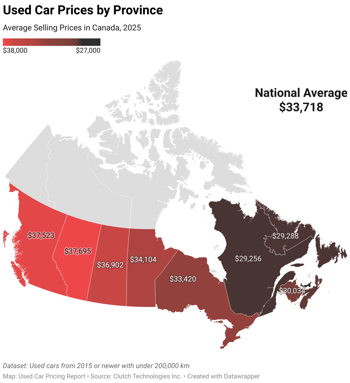 Map showing average used car prices for each province in Canada.