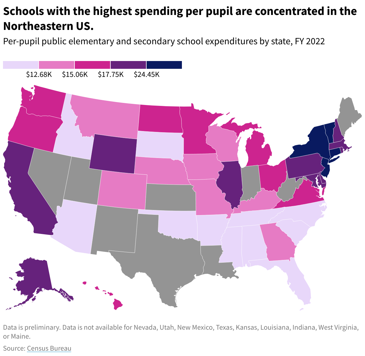 Map of the US with each state represented by a hexagon. Map shows per-pupil public school expenditures by state in 2022. Schools with the highest spending per pupil are concentrated in the Northeastern US. 