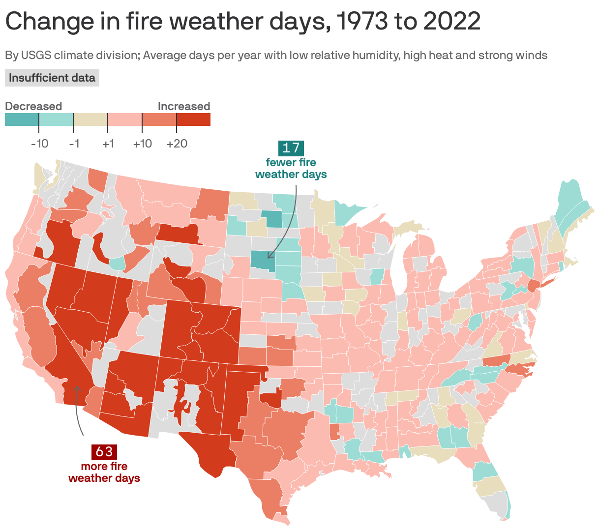 Change in fire weather days, 1973 to 2022