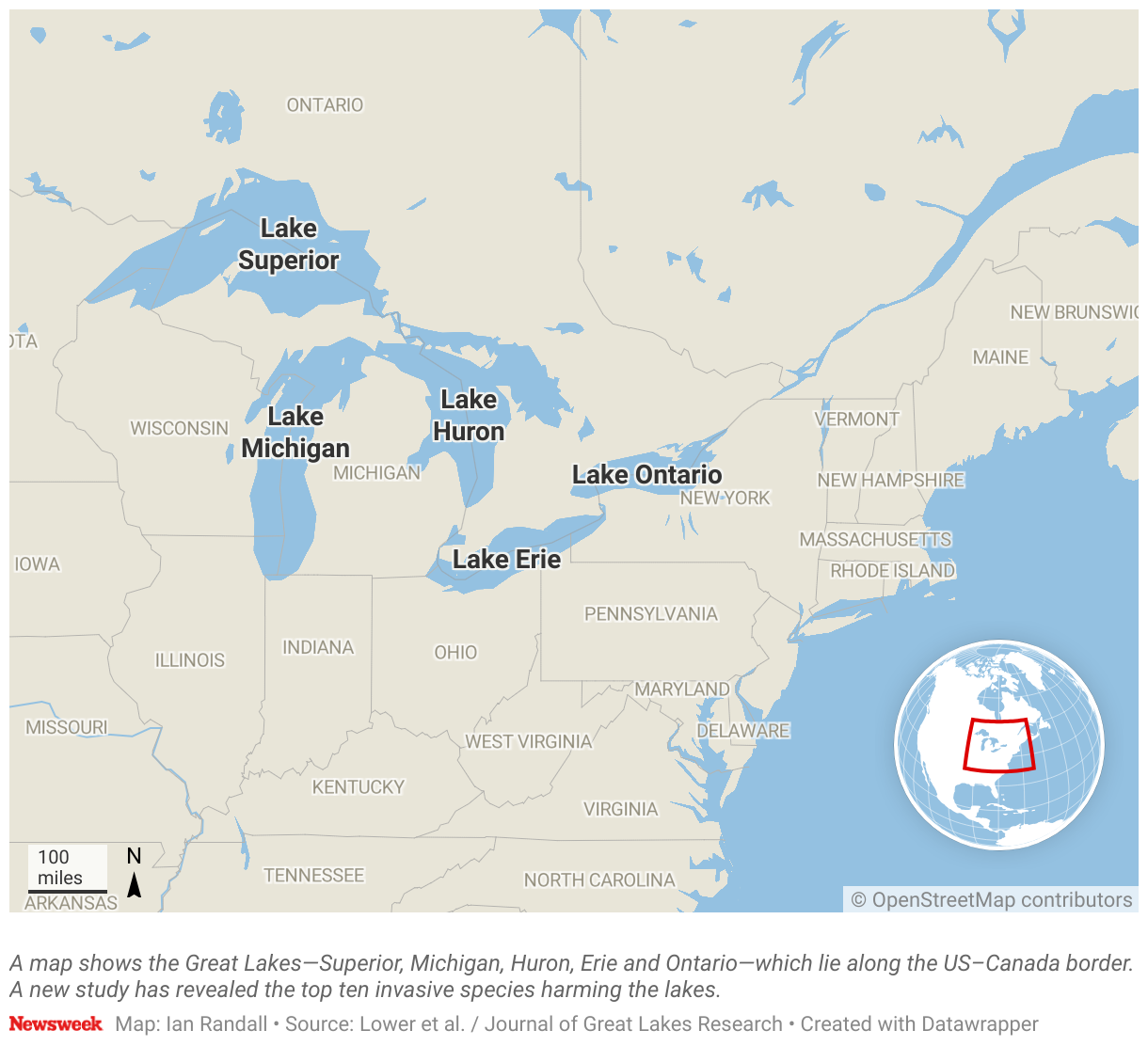 A map shows the Great Lakes—Superior, Michigan, Huron, Erie and Ontario—which lie along the US–Canada border.