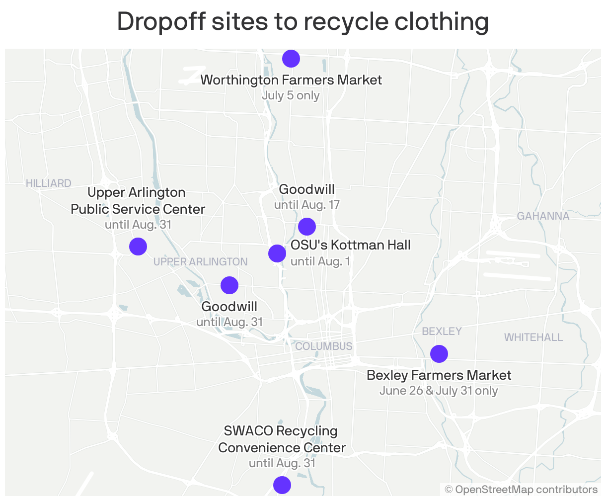 A map of the six dropoff sites in the Columbus area to recycle clothing.