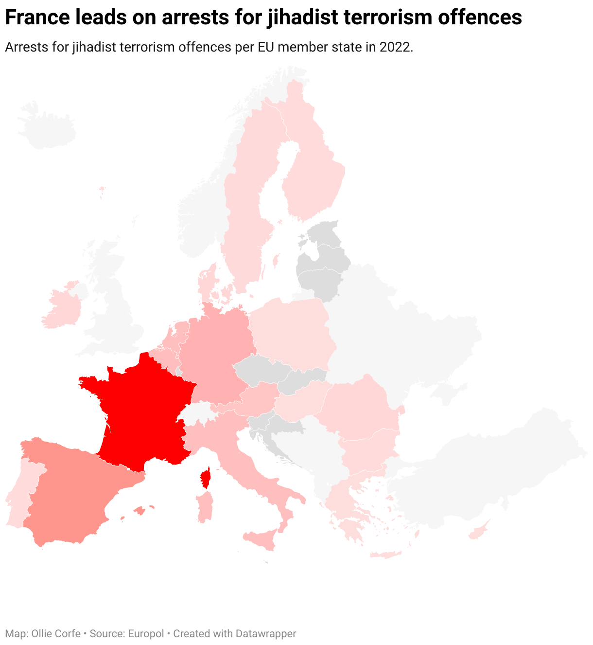 Map of Europe by jihadist terrorism arrests.