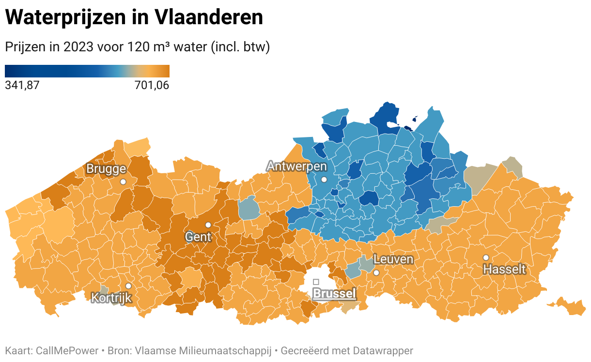 Kaart met waterprijzen in Vlaanderen