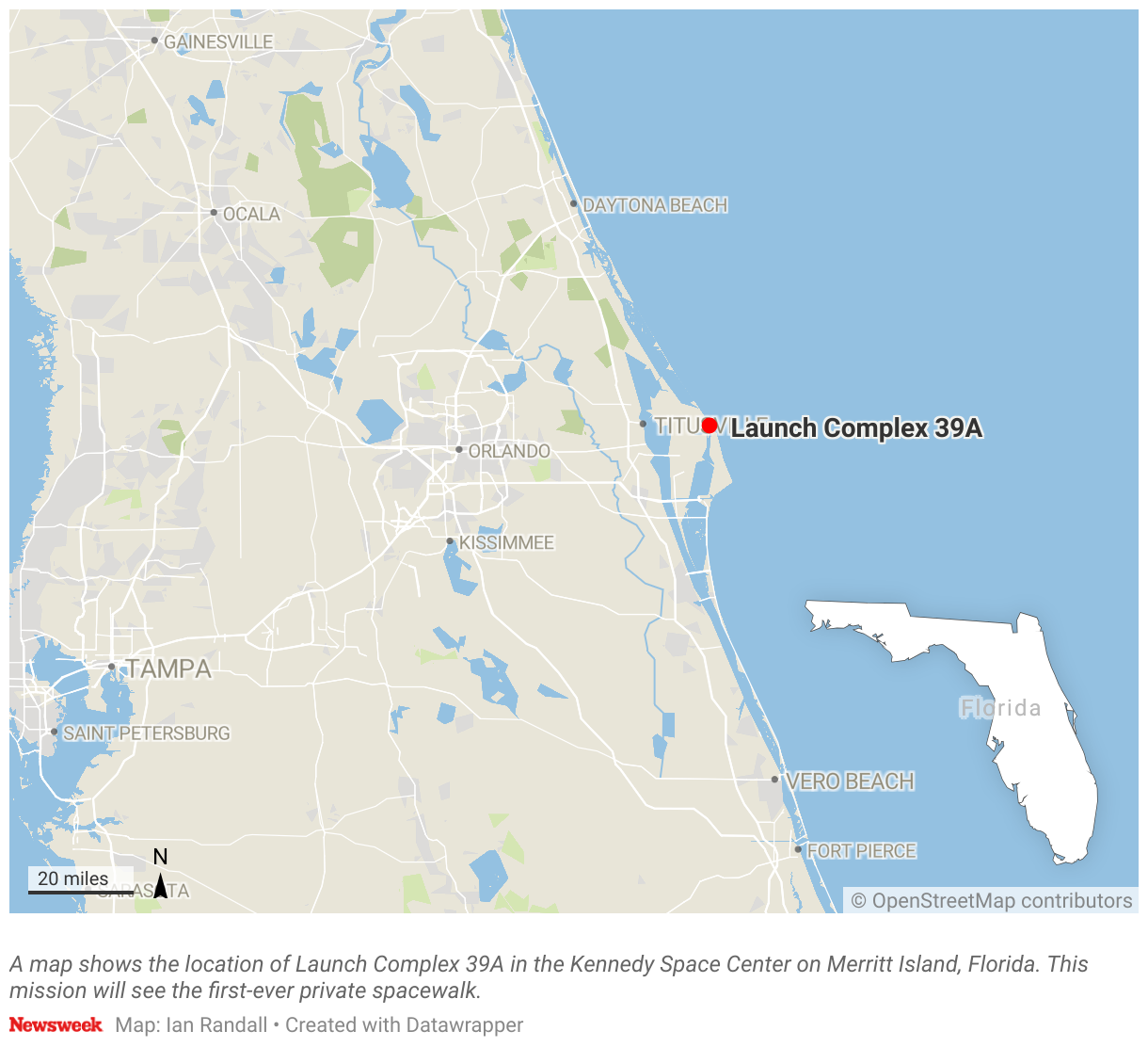 A map shows the location of Launch Complex 39A in the Kennedy Space Center on Merritt Island, Florida.