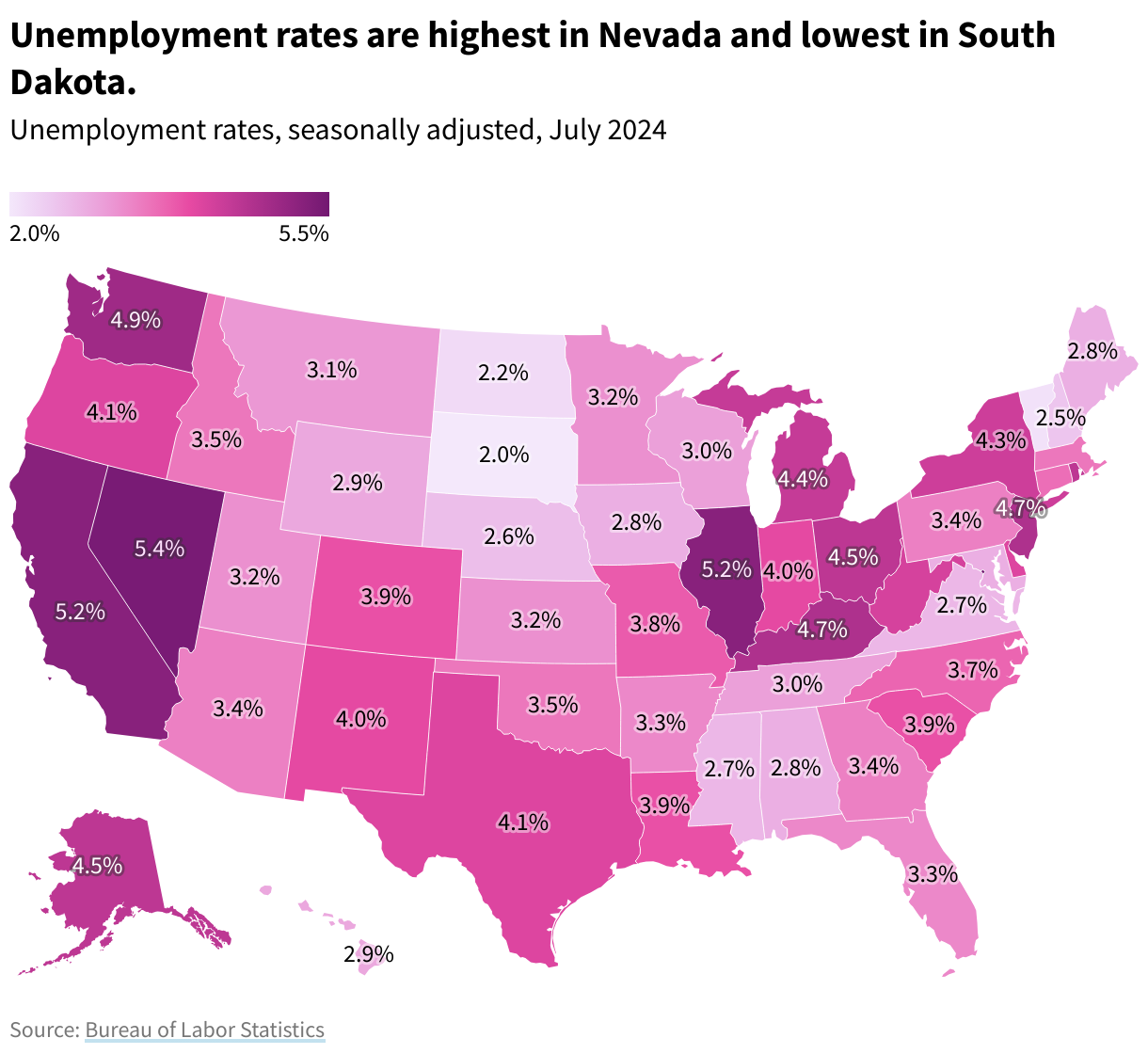 State map showing a gradient of unemployment rates in June 2024