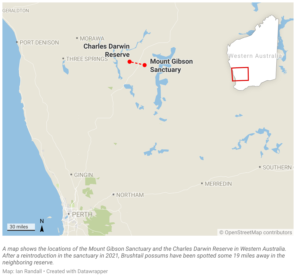 A map shows the locations of the Mount Gibson Sanctuary and the Charles Darwin Reserve in Western Australia. 