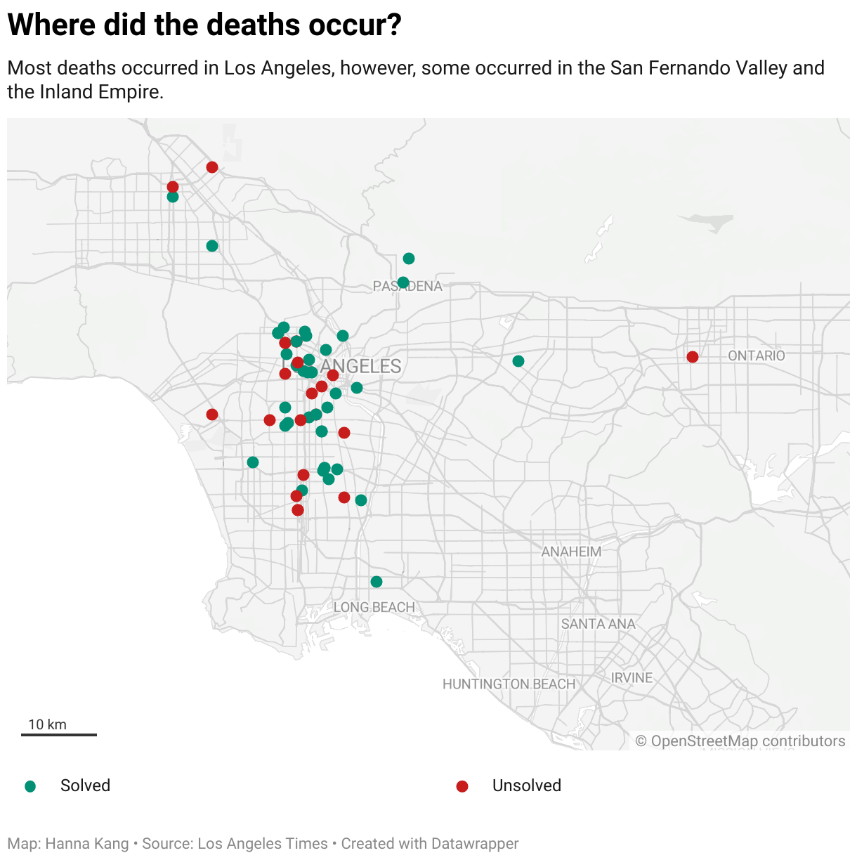 During the 1992 LA Riots, the majority of deaths occurred in Los Angeles, however, some occurred in the San Fernando Valley and the Inland Empire. The solved deaths are marked by green dots, while the unsolved deaths are red. 