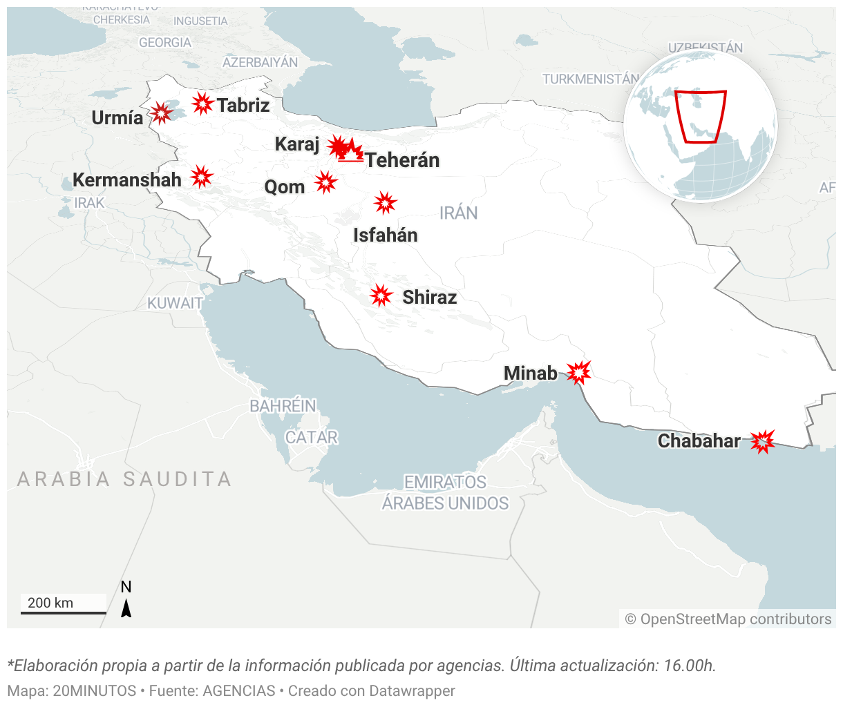 Mapa de los bombardeos en Irán (Mapas de ubicación)