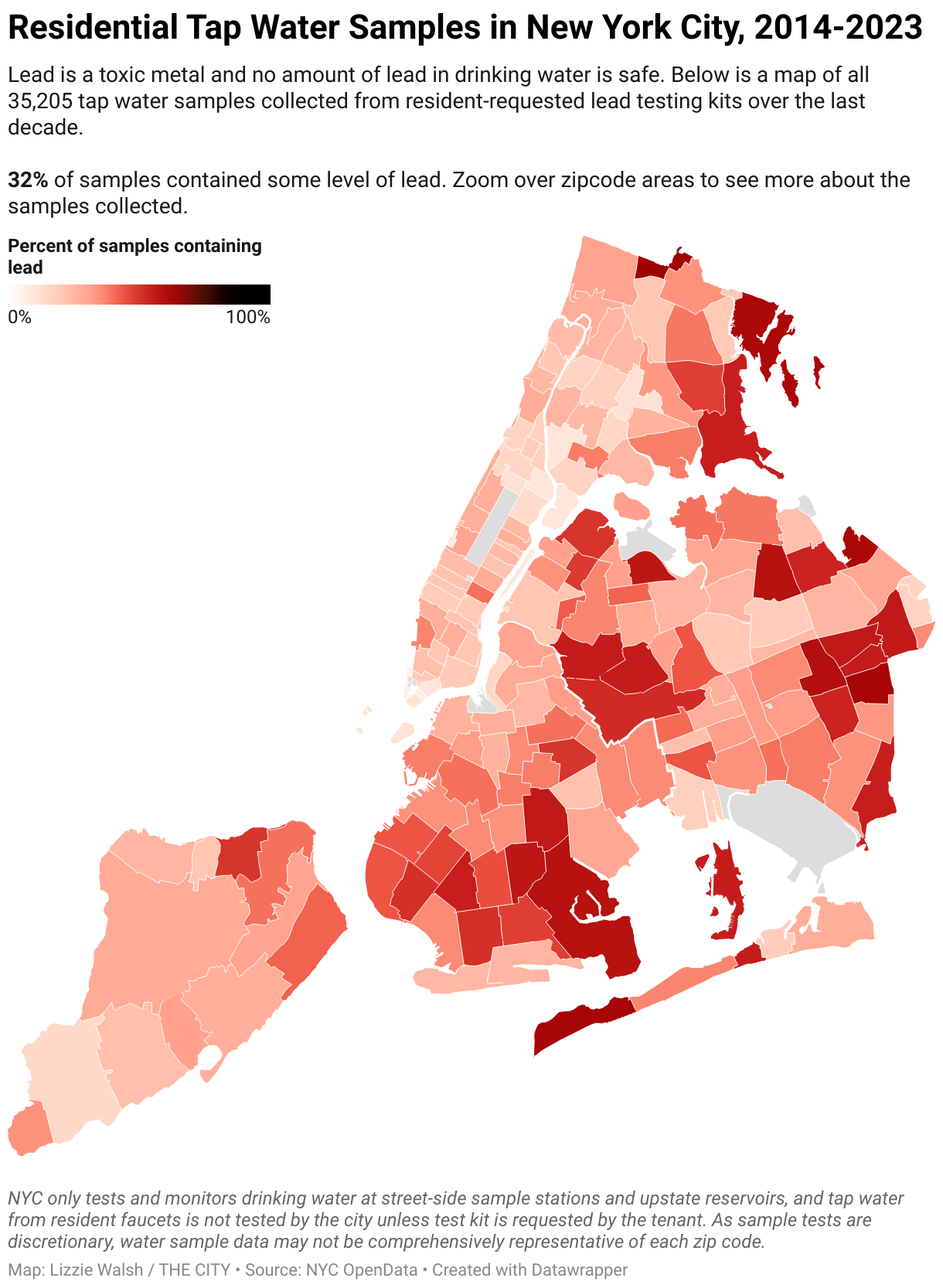 Residential Tap Water Samples in New York City, 2014-2023 (Choropleth map)