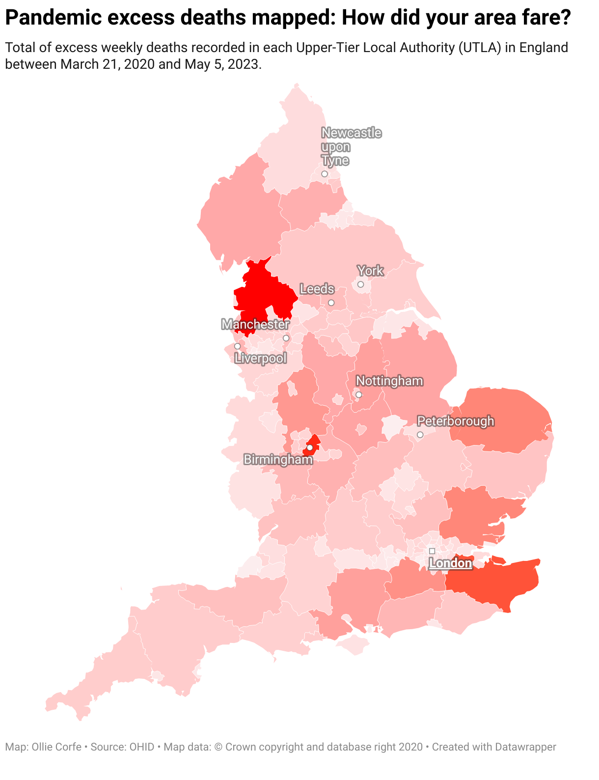 Map of excess deaths in England over the pandemic.