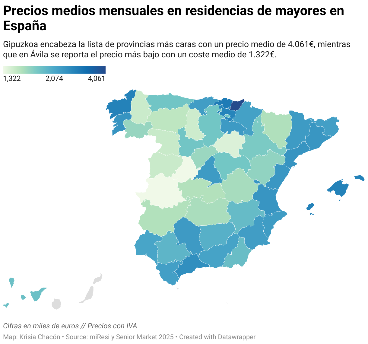 Precios medios mensuales en residencias de mayores en España (Choropleth map)